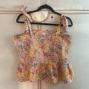 J Crew Sleeveless Ruched Floral Print Top With Tie Straps